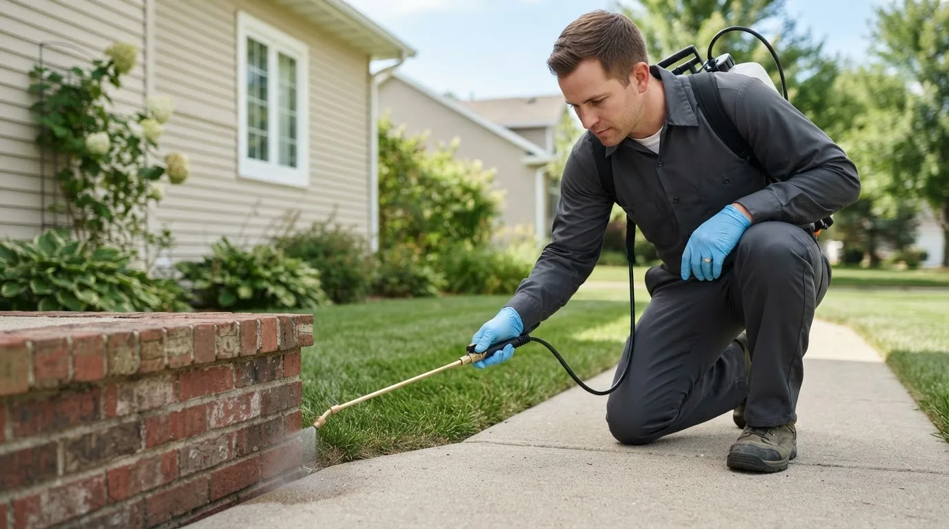 Pest control technician treating a home near Lehr, ND