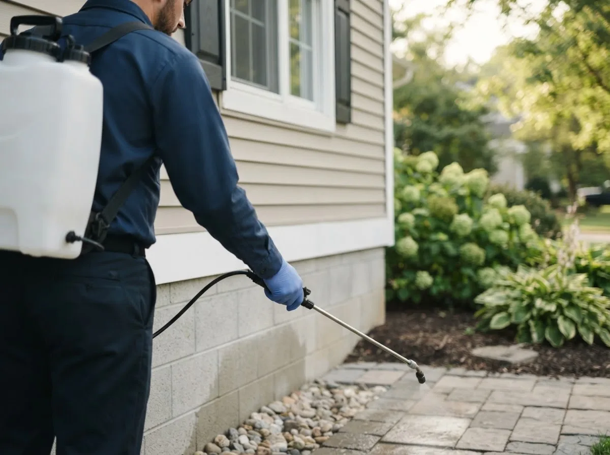 Pest control technician inspecting a home in Lehr, ND